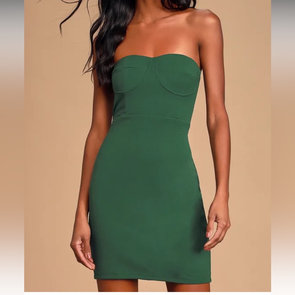 Message in a Bottle Forest Green Strapless Bodycon Mini Dress